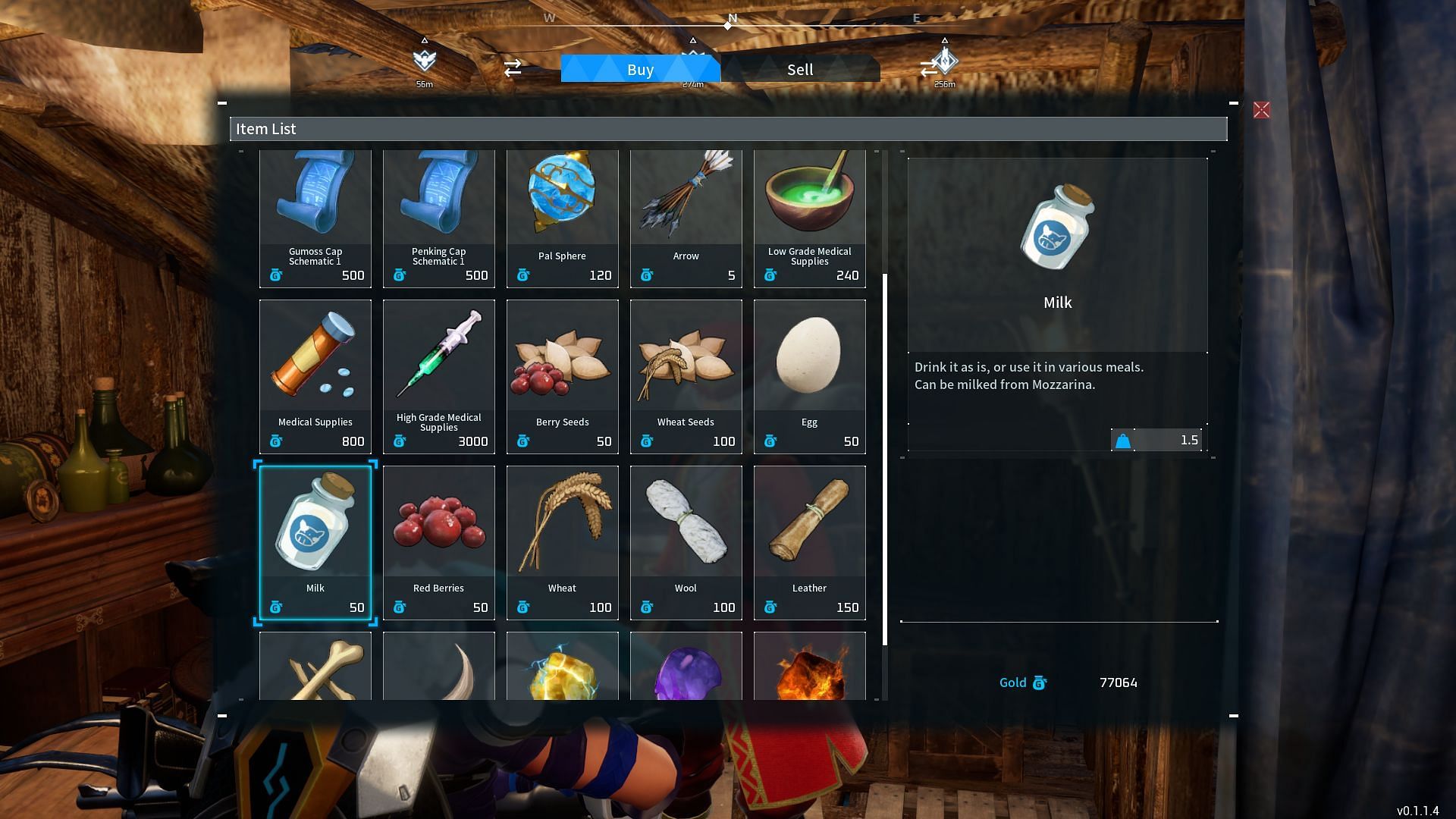 Milk can be bought from the Wandering Merchant in Small Settlement (Image via Pocket Pair, Inc.)
